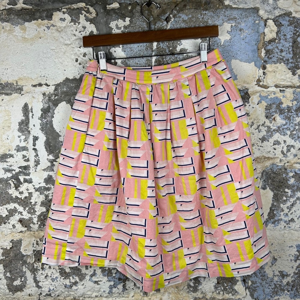 J.Crew Pink Yellow Geometric Abstract Pleated A-Line Skirt Size 2 Cotton Lined